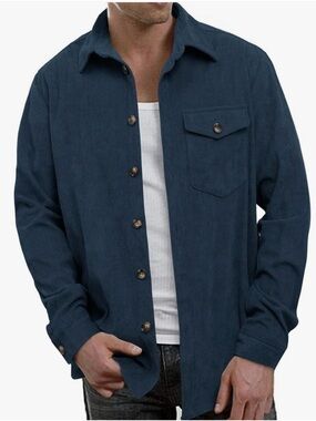 Men's Navy Button-Up Corduroy Shirt Jacket